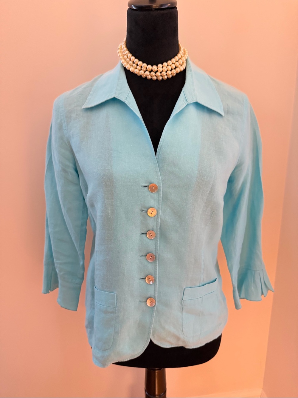 Talbots Light Blue Button-Front Irish Linen Blouse/Jacket Size 8P